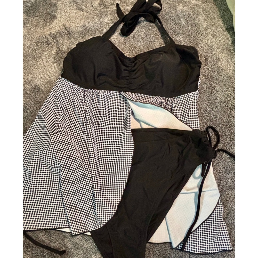 Polka Dot Halter Tankini and Side Tie Bikini Bottom Set Black White